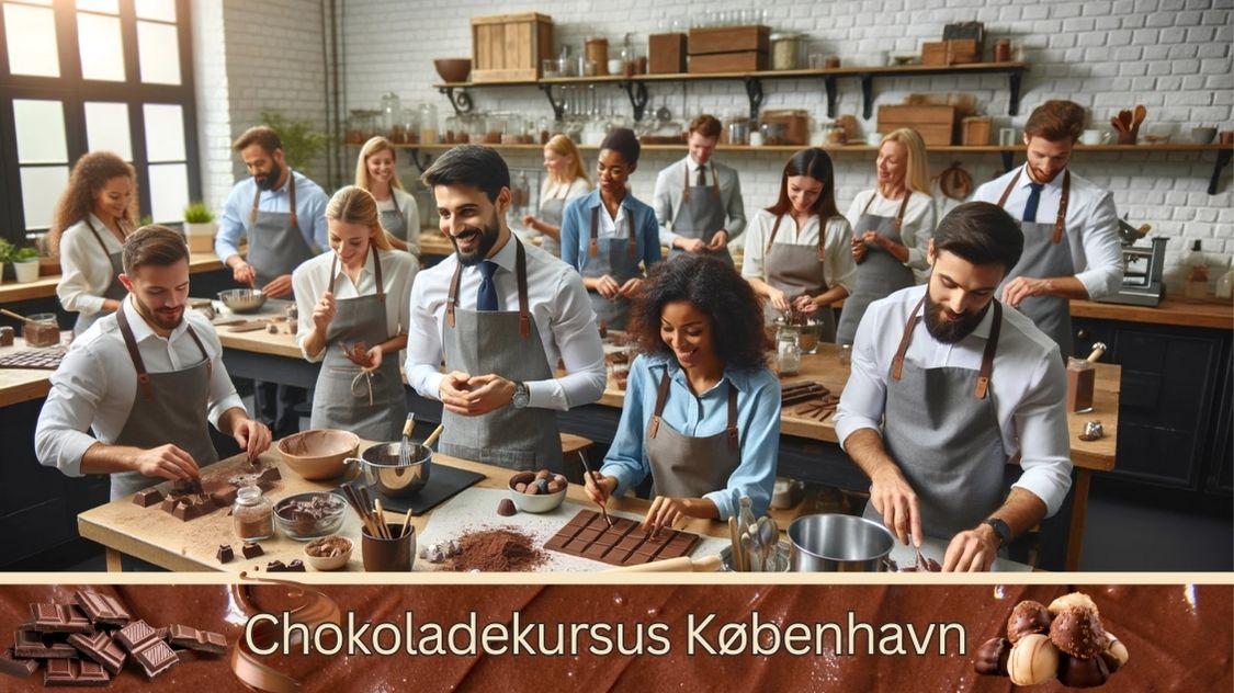 Billedet viser en gruppe mennesker iført forklæder, der deltager i et chokoladekursus i et moderne køkken. De arbejder med chokolade, laver konfekt og ser glade og engagerede ud. Teksten "Chokoladekursus København" fremhæver temaet for oplevelsen.