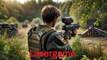 Billedet viser en person i taktisk vest, der deltager i et lasergame i et udendørs terræn med forhindringer som dæk og træstrukturer. Personen holder et avanceret lasergevær og ser fokuseret ud. Teksten "Lasergame" fremhæver aktiviteten.