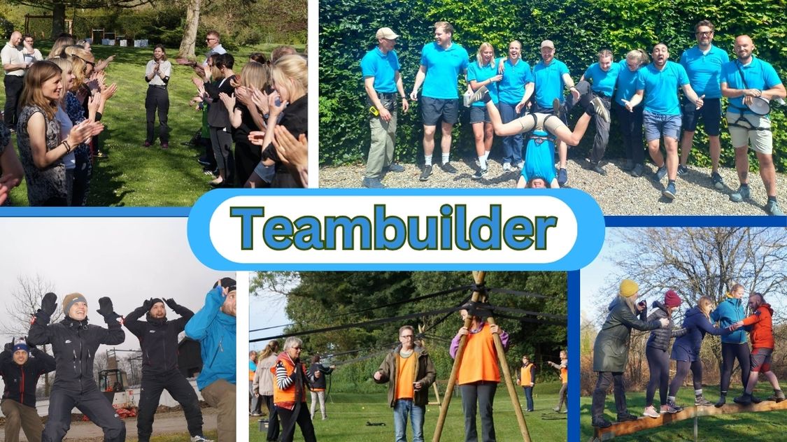 Billedet er en collage, der viser forskellige teambuilding-aktiviteter, hvor deltagerne arbejder sammen i sjove og udfordrende øvelser. Der er samarbejdslege, balanceøvelser og udendørs aktiviteter, som kræver teamwork og engagement. Teksten "Teambuilder" fremhæver temaet for oplevelsen.