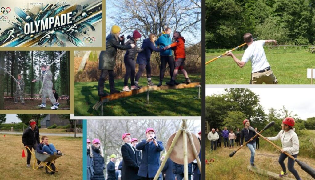 Billedet viser en collage af forskellige udendørs aktiviteter, hvor deltagerne engagerer sig i teambuilding-øvelser inspireret af de olympiske lege. Der er discipliner som balancetræning, spydkast, bueskydning, forhindringsløb og sjove holdudfordringer. Billedetekst: "Olympiade''