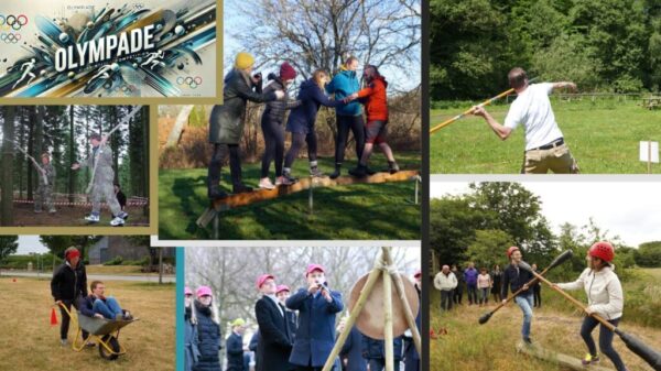 Billedet viser en collage af forskellige udendørs aktiviteter, hvor deltagerne engagerer sig i teambuilding-øvelser inspireret af de olympiske lege. Der er discipliner som balancetræning, spydkast, bueskydning, forhindringsløb og sjove holdudfordringer. Billedetekst: "Olympiade''