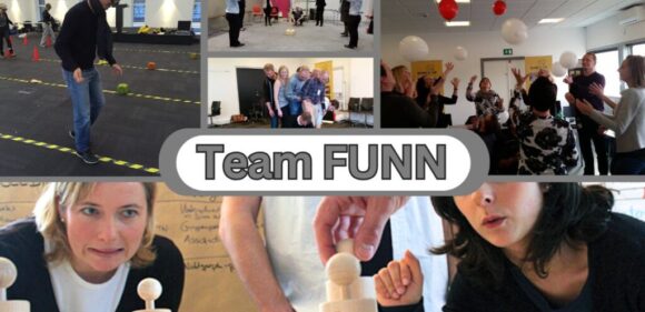 Billedet viser en collage af forskellige teambuilding-aktiviteter under konceptet Team FUNN. Der ses deltagere, der udfører samarbejdsøvelser, balanceudfordringer, kommunikationsopgaver og problemløsning. Øvelserne kræver både kreativitet, koncentration og samarbejde. I midten af billedet står teksten "Team FUNN", som fremhæver temaet for aktiviteterne. Billedetekst: "Team FUNN''