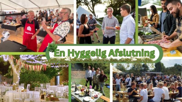 Billedet viser en samling af øjeblikke fra en teambuildingdag, der kulminerer i en "Hyggelig Afslutning". De forskellige scener inkluderer mennesker, der deltager i madlavning, nyder samtaler over drinks, arbejder sammen ved udendørs kokkeborde, og samles til måltider under åben himmel og i smukt dekorerede telte. Overalt ser stemningen ud til at være afslappet og festlig, hvilket understreger teambuildingens succes og det stærke fællesskab, som er blevet opbygget gennem dagens aktiviteter.