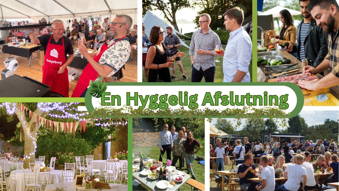 Billedet viser en samling af øjeblikke fra en teambuildingdag, der kulminerer i en "Hyggelig Afslutning". De forskellige scener inkluderer mennesker, der deltager i madlavning, nyder samtaler over drinks, arbejder sammen ved udendørs kokkeborde, og samles til måltider under åben himmel og i smukt dekorerede telte. Overalt ser stemningen ud til at være afslappet og festlig, hvilket understreger teambuildingens succes og det stærke fællesskab, som er blevet opbygget gennem dagens aktiviteter.