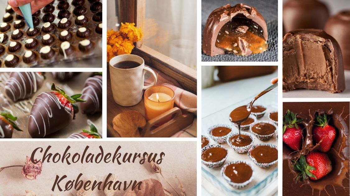 En collage af lækre chokoladekreationer, fra fyldte chokolader til chokoladeovertrukne jordbær og smeltet chokolade, der hældes i forme. Stemningen er hyggelig med varm kaffe, stearinlys og efterårsfarver. Billedetekst: "Chokoladekursus