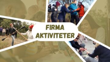 Billedet viser en collage af forskellige firmaaktiviteter, hvor teams deltager i udendørs teambuilding-øvelser. Aktiviteterne inkluderer samarbejdsøvelser, strategiske udfordringer og sjove fysiske konkurrencer, som styrker sammenholdet og skaber en god stemning. Billedetekst: "Firmaaktiviteter