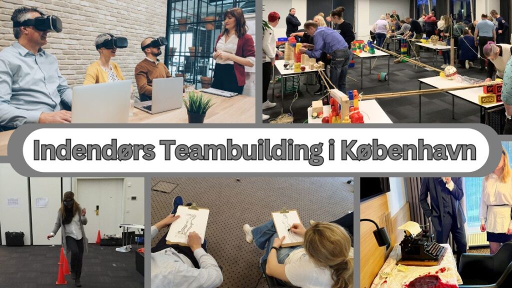 Billedet viser en collage af forskellige teambuilding-aktiviteter i København. Det inkluderer scener med folk, der bruger virtual reality-udstyr, bygger strukturer med byggeklodser, tegner blindtegninger, og en scene med en fysisk aktivitet med kegler. Der er også et skrivebord med en gammeldags skrivemaskine og rekvisitter, som tyder på en form for rollespil eller problemløsningsopgave. Teksten 