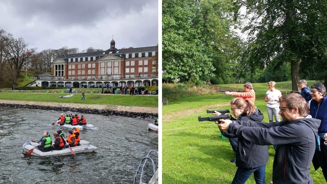 Billedet viser to forskellige teambuilding-aktiviteter. På venstre side ses deltagere i en gummibådsregatta foran en storslået herregård, hvor hold samarbejder om at ro. På højre side deltager en gruppe i en skydetræning med softguns på en grøn eng, hvor præcision og fokus er i centrum. Billedetekst: "Mission Impossible