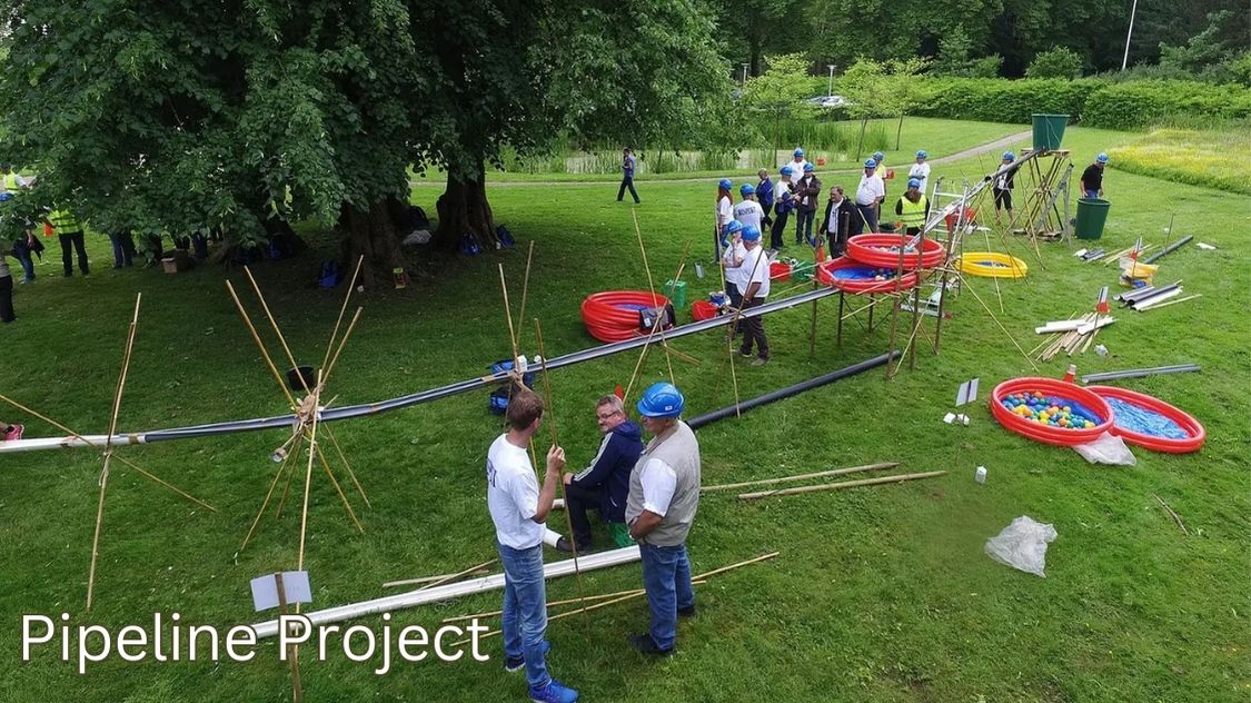 Billedet viser en udendørs teambuilding-aktivitet, hvor deltagere med hjelme og hvide t-shirts arbejder sammen om at konstruere en lang pipeline ved hjælp af rør, træpinde og snor. Farvede plastikbassiner bruges som en del af projektet, og aktiviteten finder sted på en grøn plæne omgivet af træer. Billedetekst: "Pipeline Project''