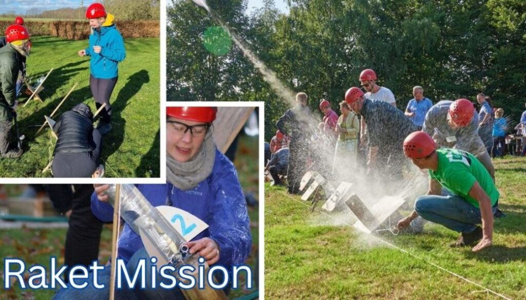 Flere billeder sammensat til en collage viser deltagere iført hjelme og sikkerhedsbriller, der bygger og opsender vandraketter i en teambuilding-aktivitet. En sekvens viser raketterne blive affyret med kraftige vandstråler, mens deltagerne arbejder sammen for at optimere affyringen. Billedetekst: "Raket Missio''