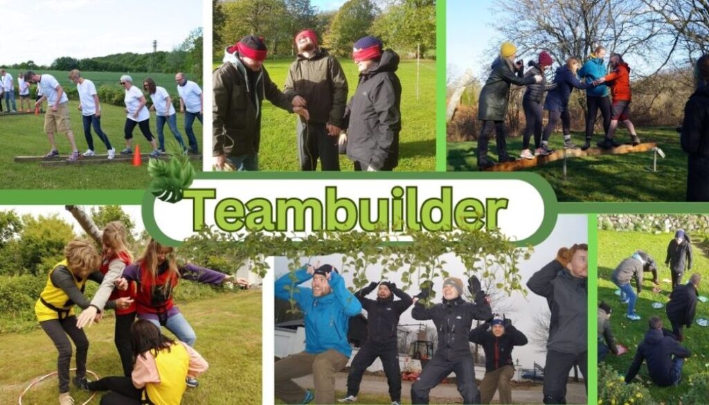 Billedet er en collage af forskellige teambuilding-aktiviteter, hvor deltagerne udfører samarbejdsøvelser udendørs. Nogle går på balancebræt, andre er iført bind for øjnene og guides af deres team, mens andre laver fysiske udfordringer i grupper.Billedetekst: "Teambuilder"