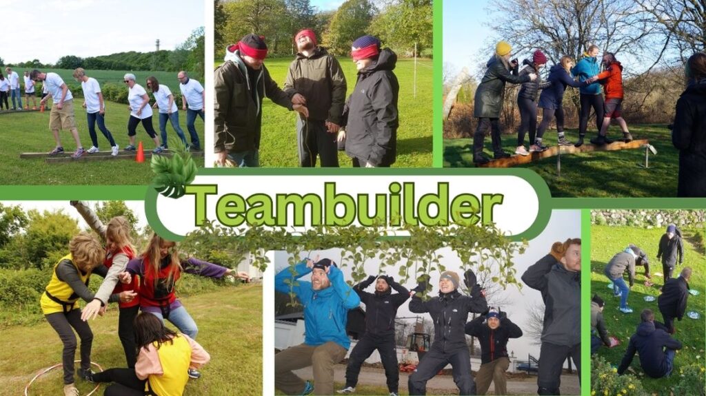 Billedet er en collage af forskellige teambuilding-aktiviteter, hvor deltagerne udfører samarbejdsøvelser udendørs. Nogle går på balancebræt, andre er iført bind for øjnene og guides af deres team, mens andre laver fysiske udfordringer i grupper.Billedetekst: "Teambuilder"