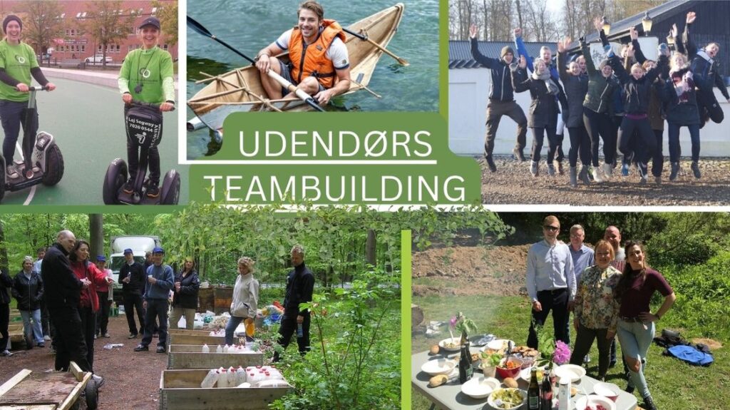 Collage af forskellige udendørs teambuilding-aktiviteter, herunder Segway-kørsel, kajaksejlads, gruppeudfordringer i skoven, fælles madlavning og en energisk gruppe, der hopper i glæde. Billedetekst: 