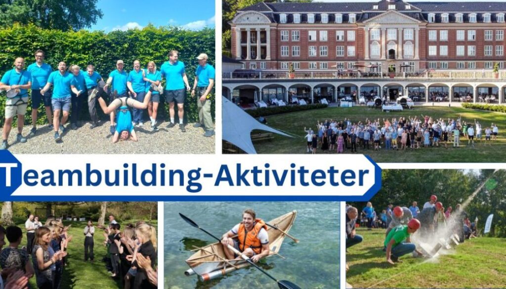 Billedet fremviser en række teambuilding-aktiviteter i København, hvor deltagere i blå T-shirts nyder forskellige fysiske og sociale udfordringer. Scenerne inkluderer en kajaksektion, sjove vandaktiviteter og store grupper af mennesker, der interagerer foran en storslået bygningsfacade. Teksten "Teambuilding-Aktiviteter" fremhæver fokusset på samarbejde og gruppedynamik.