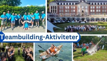 Billedet fremviser en række teambuilding-aktiviteter i København, hvor deltagere i blå T-shirts nyder forskellige fysiske og sociale udfordringer. Scenerne inkluderer en kajaksektion, sjove vandaktiviteter og store grupper af mennesker, der interagerer foran en storslået bygningsfacade. Teksten "Teambuilding-Aktiviteter" fremhæver fokusset på samarbejde og gruppedynamik.