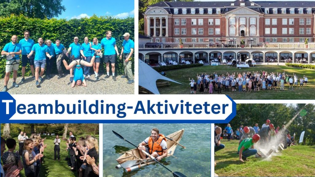 Billedet fremviser en række teambuilding-aktiviteter i København, hvor deltagere i blå T-shirts nyder forskellige fysiske og sociale udfordringer. Scenerne inkluderer en kajaksektion, sjove vandaktiviteter og store grupper af mennesker, der interagerer foran en storslået bygningsfacade. Teksten 